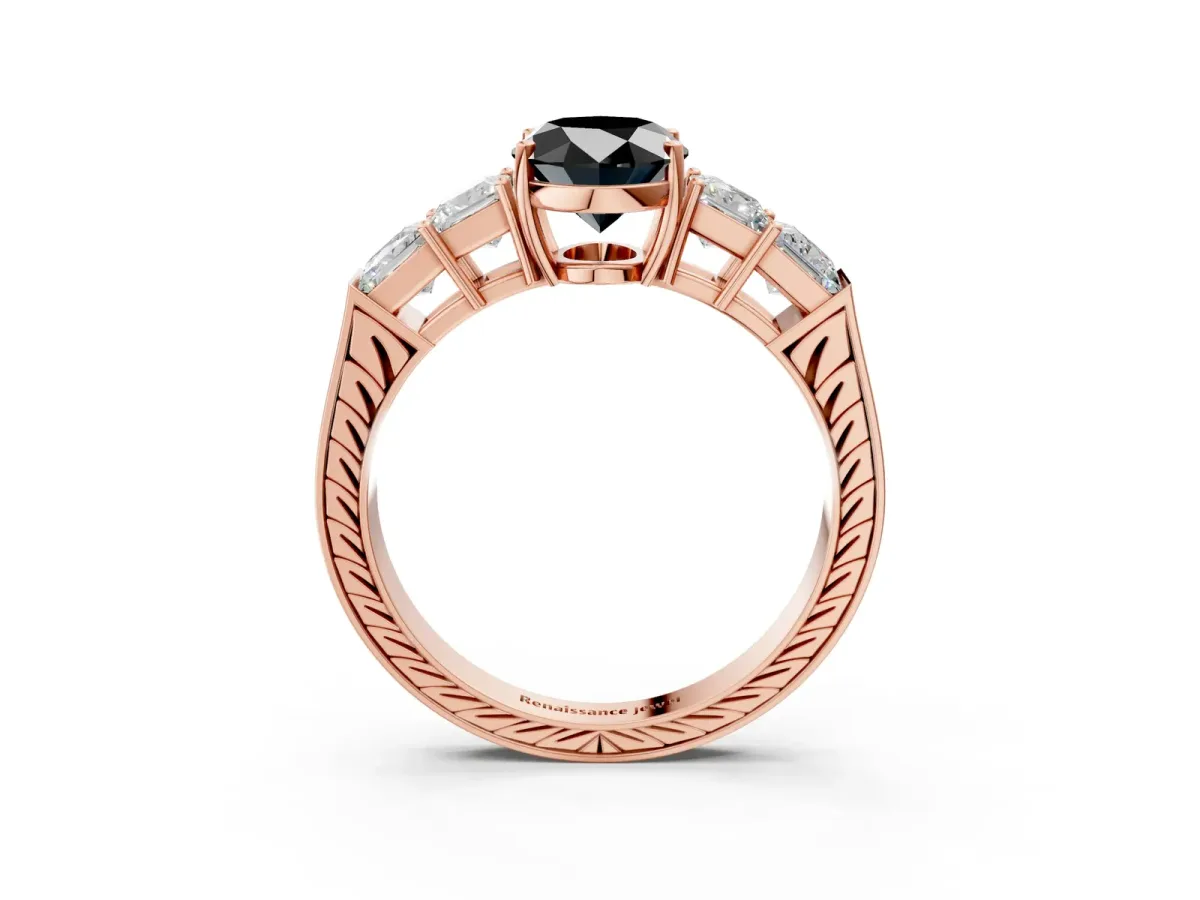 Fancy Black Oval Cut Solitaire Princess Side Stone Engraved Band Prong Setting Ring Rose gold