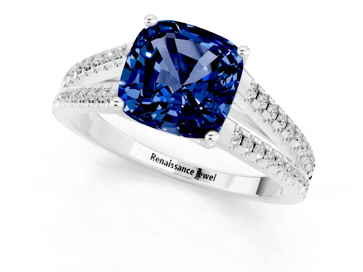 Cushion Cut Blue Sapphire Solitaire Engagement Ring with Split Shank Pavé Band Silver