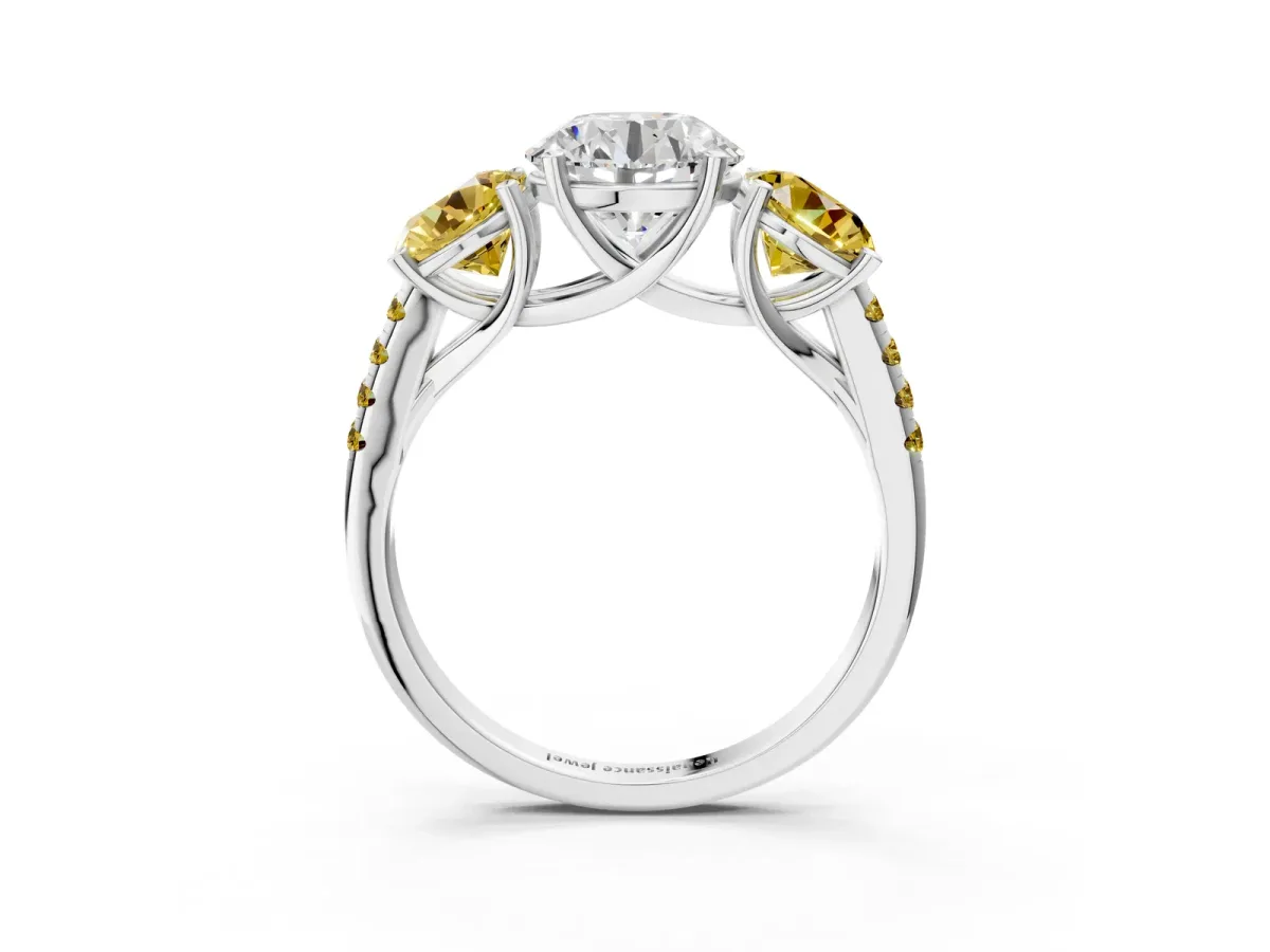 Three-Stone Round Cut Diamond Ring with Round Yellow Sapphire Pavé Band and Prong Setting Silver