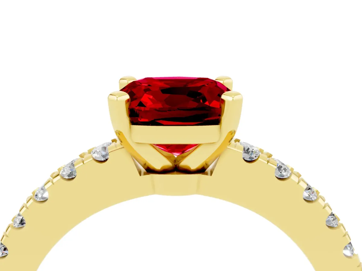 Cushion Cut Solitaire Ruby with Pavé Band and Four-Prong Setting Yellow gold