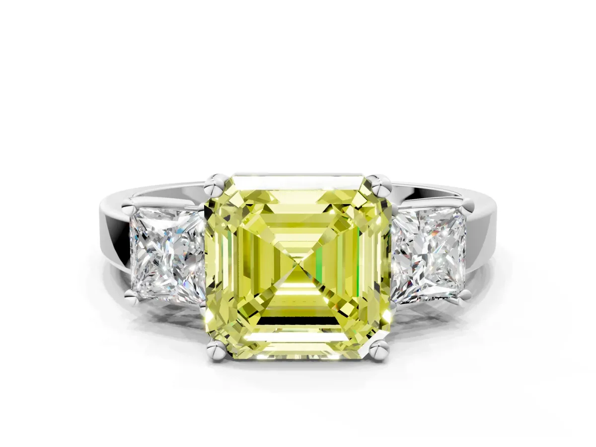 Fancy Yellow Three-Stone Asscher Cut Cut Solitaire Ring with Prong Setting Platinum