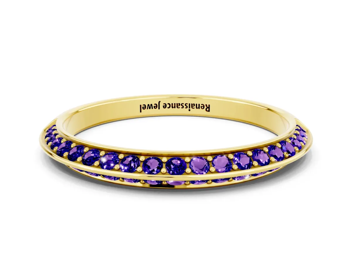 Double Row Pavé Round Tanzanite Eternity Band with Channel Setting Yellow gold