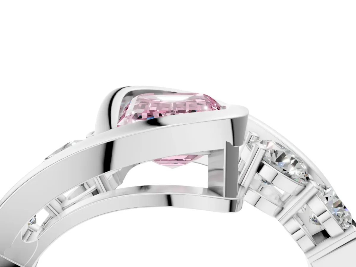 Fancy Pink Bezel Set Emerald Cut Diamond Bypass Ring with Round Accents Silver
