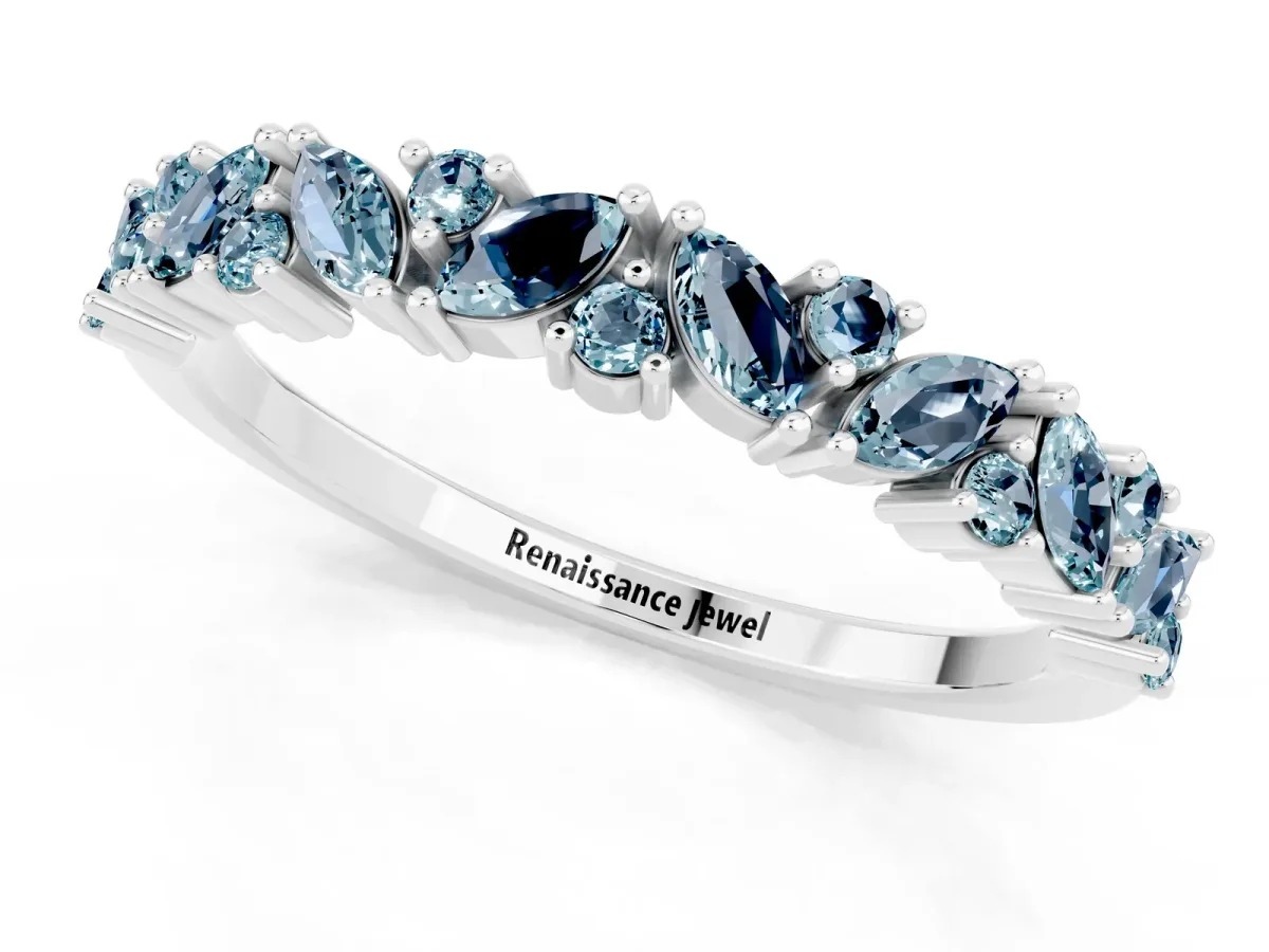 Marquise and Round Aquamarine Vine Eternity Band with Prong Setting Silver