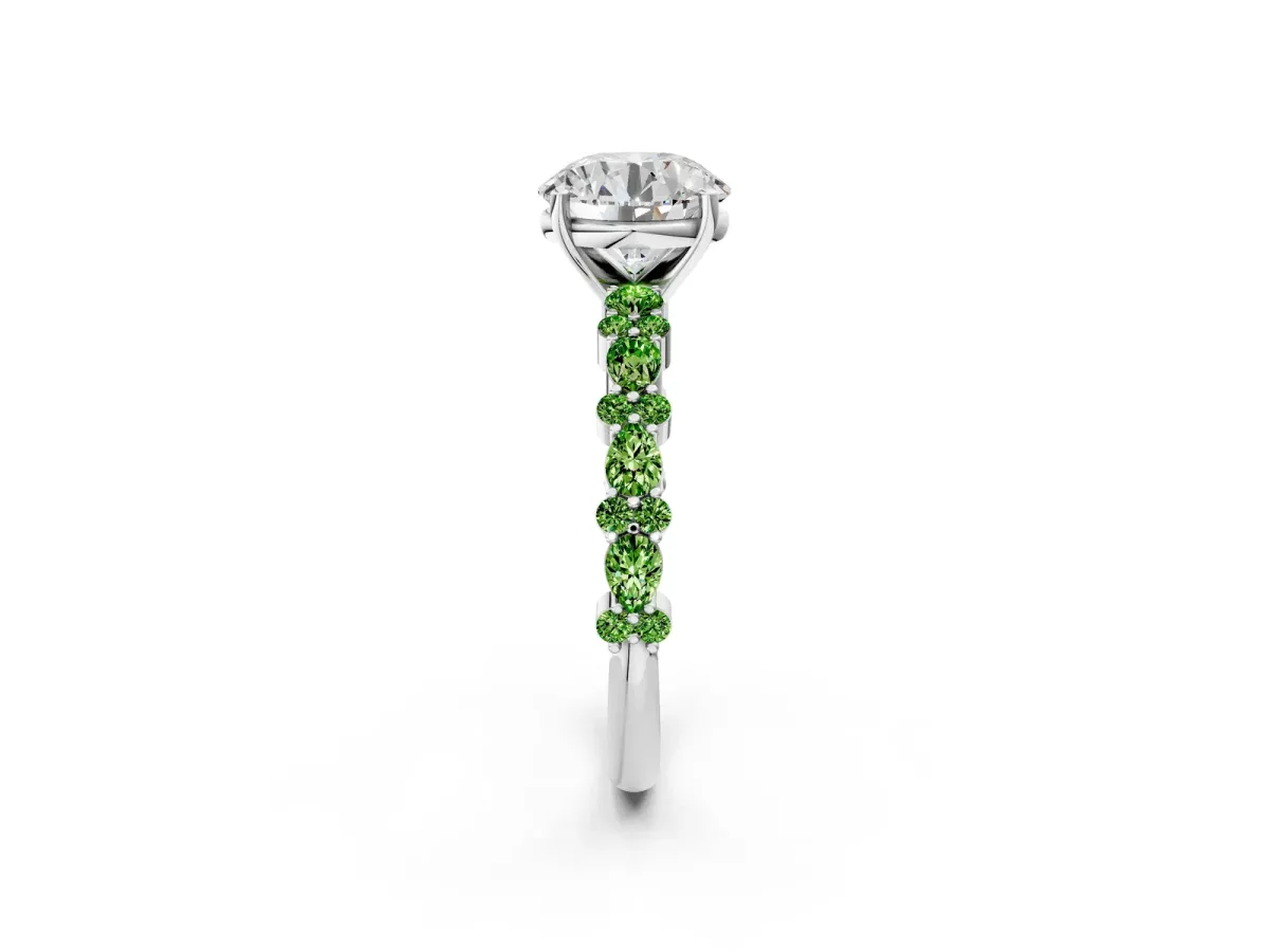 Round Cut Diamond Side Stone Solitaire Ring with Round Tanzanite and Four-Prong Setting Silver