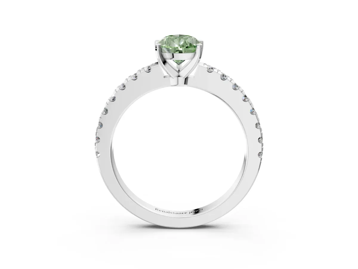 Fancy Green Pear Cut Solitaire Diamond with Pavé Band and Four-Prong Setting Silver