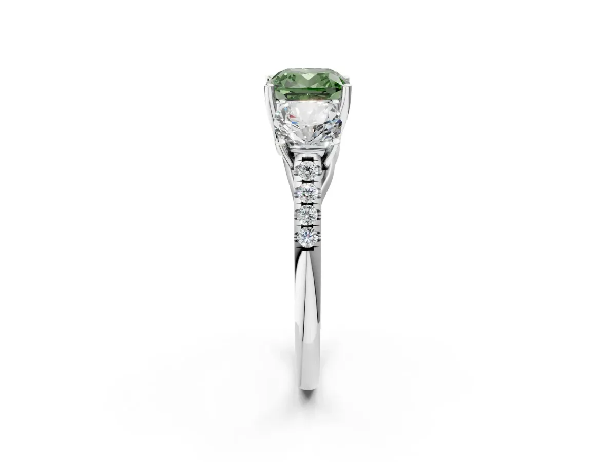 Fancy Green Three-Stone Cushion Cut Diamond Ring with Round Pavé Band and Prong Setting Silver