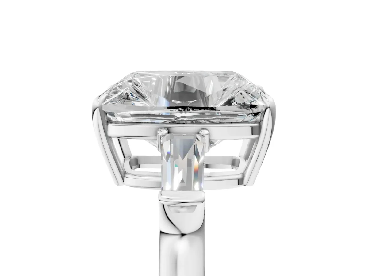 Old Mine Elongated Cushion Diamond with Side Tapered Baguette Three Stone Ring Silver