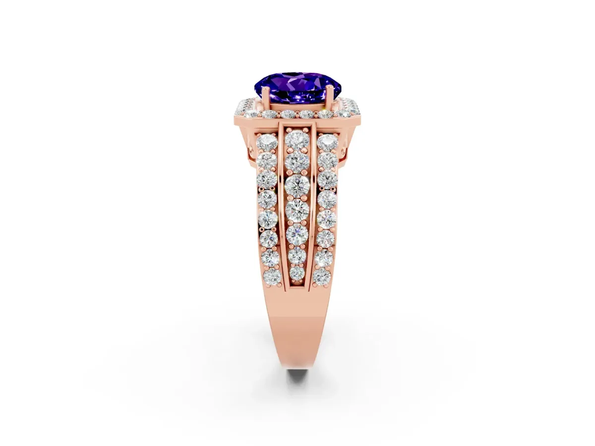 Round Cut Halo Tanzanite Ring with Round Split Shank and Prong Setting Rose gold