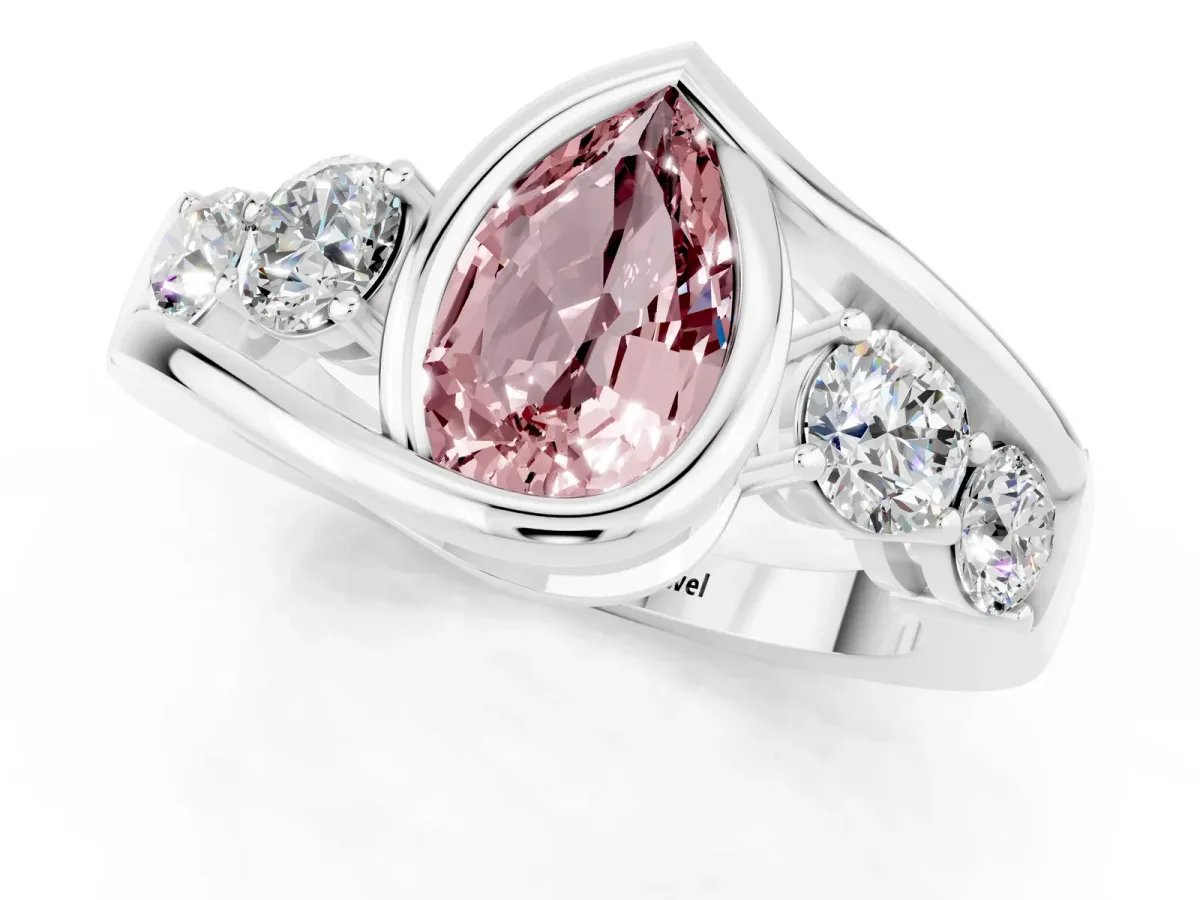Bezel Set Pear Cut Morganite Bypass Ring with Round Accents Silver