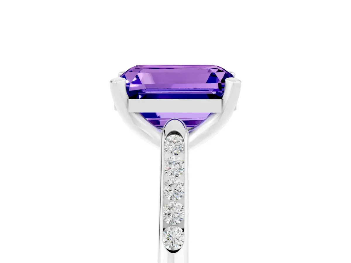 Emerald Cut Tanzanite Solitaire Ring with Channel Set Round Band and Prong Setting Silver