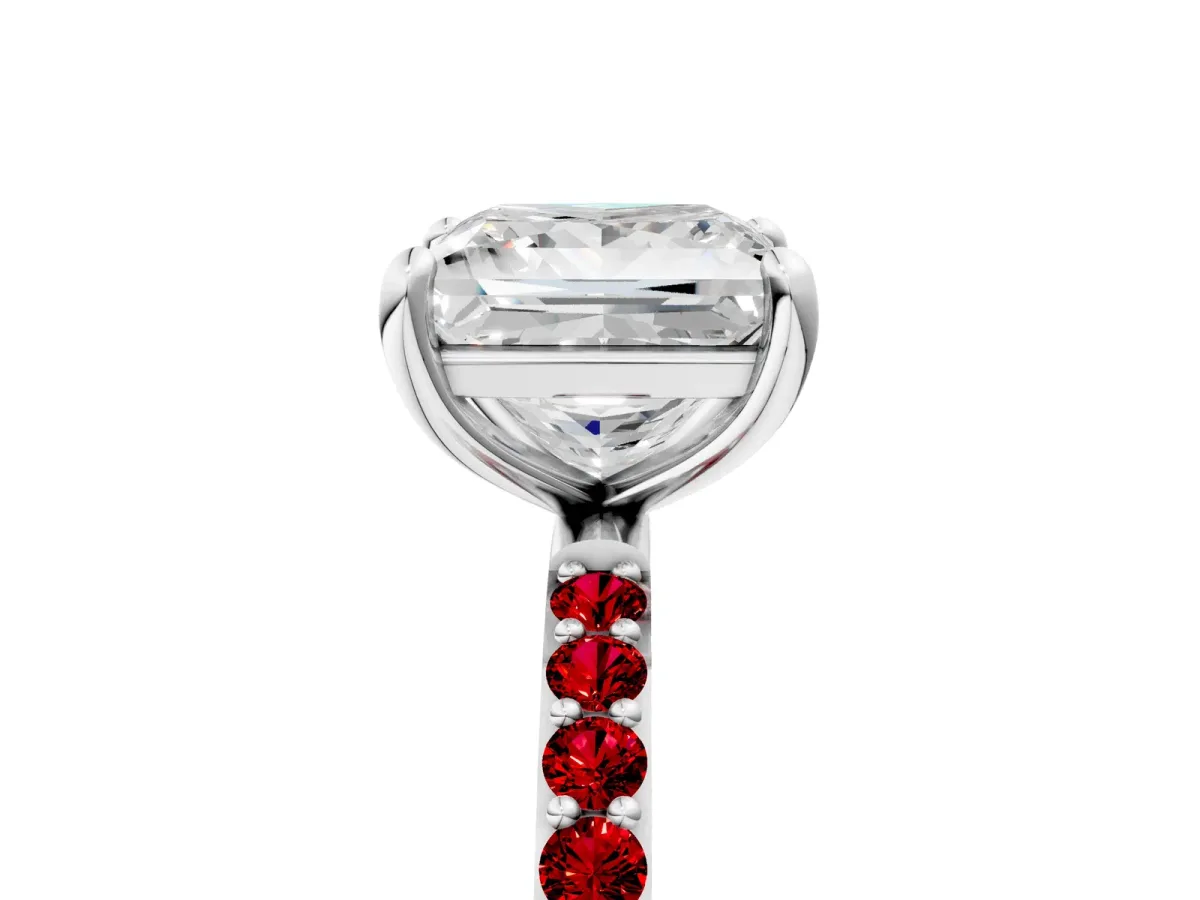 Princess Cut Diamond Solitaire Ring with Round Ruby Pavé Band and Prong Setting Silver