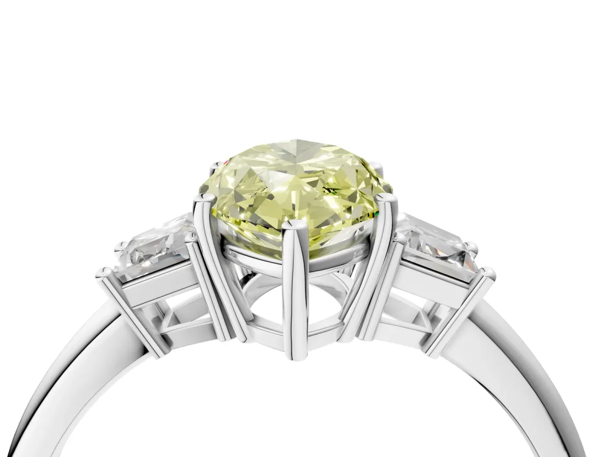 Fancy Yellow Marquise Cut Diamond Three-Stone Ring with Trapezoid Side Stones and Prong Setting Silver