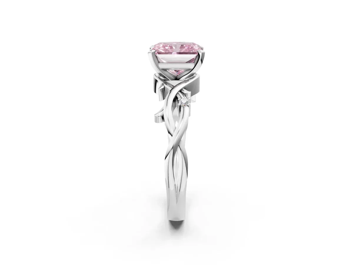 Fancy Pink Radiant Cut Diamond Solitaire Ring with Twisted Band and Prong Setting Silver