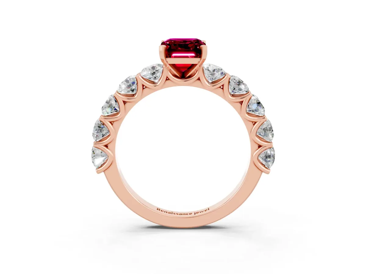Emerald Cut Garnet Prong Setting with Side Stones on a Pave Band Rose gold