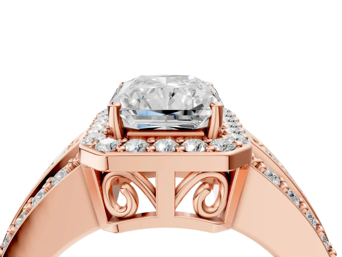 Radiant Cut Halo Diamond Ring with Round Split Shank and Prong Setting Rose gold