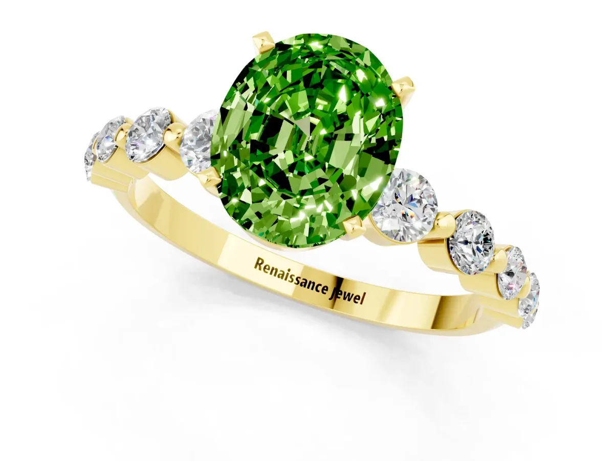 Oval Cut Solitaire Peridot Ring with Pave Band and Four-Prong Setting Yellow gold