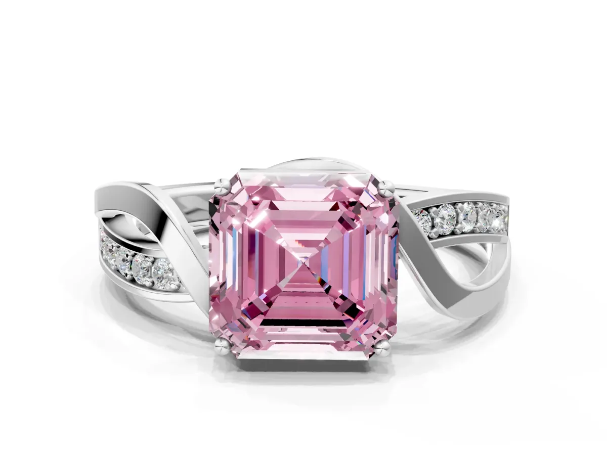 Fancy Pink Asscher Cut Solitaire Twisted Band with Prong Setting Platinum