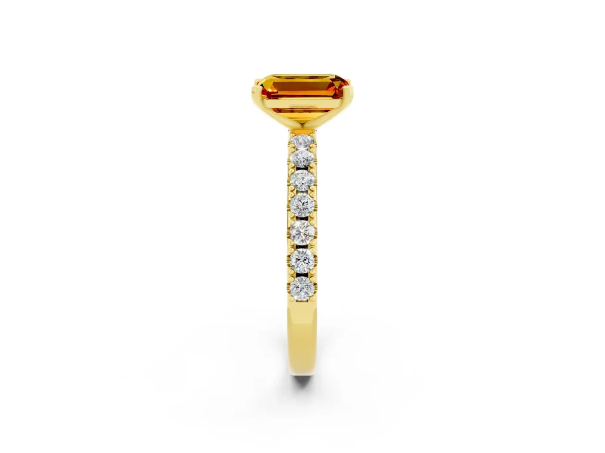 Emerald Cut Citrine Solitaire Pavé Band with Four-Prong Setting Yellow gold