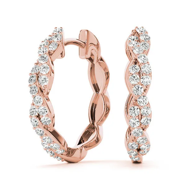 Pave Round Diamond Twisted Hoop Earrings with Shared Prong Setting Rose gold