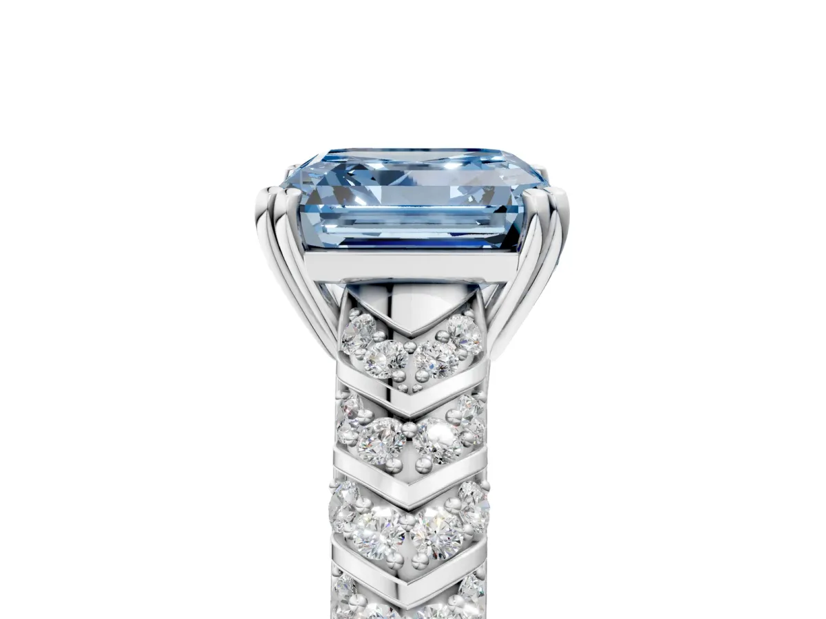 Fancy Blue Asscher Cut Solitaire Chevron Pave Diamond Engagement Ring with Six-Prong Setting Platinum