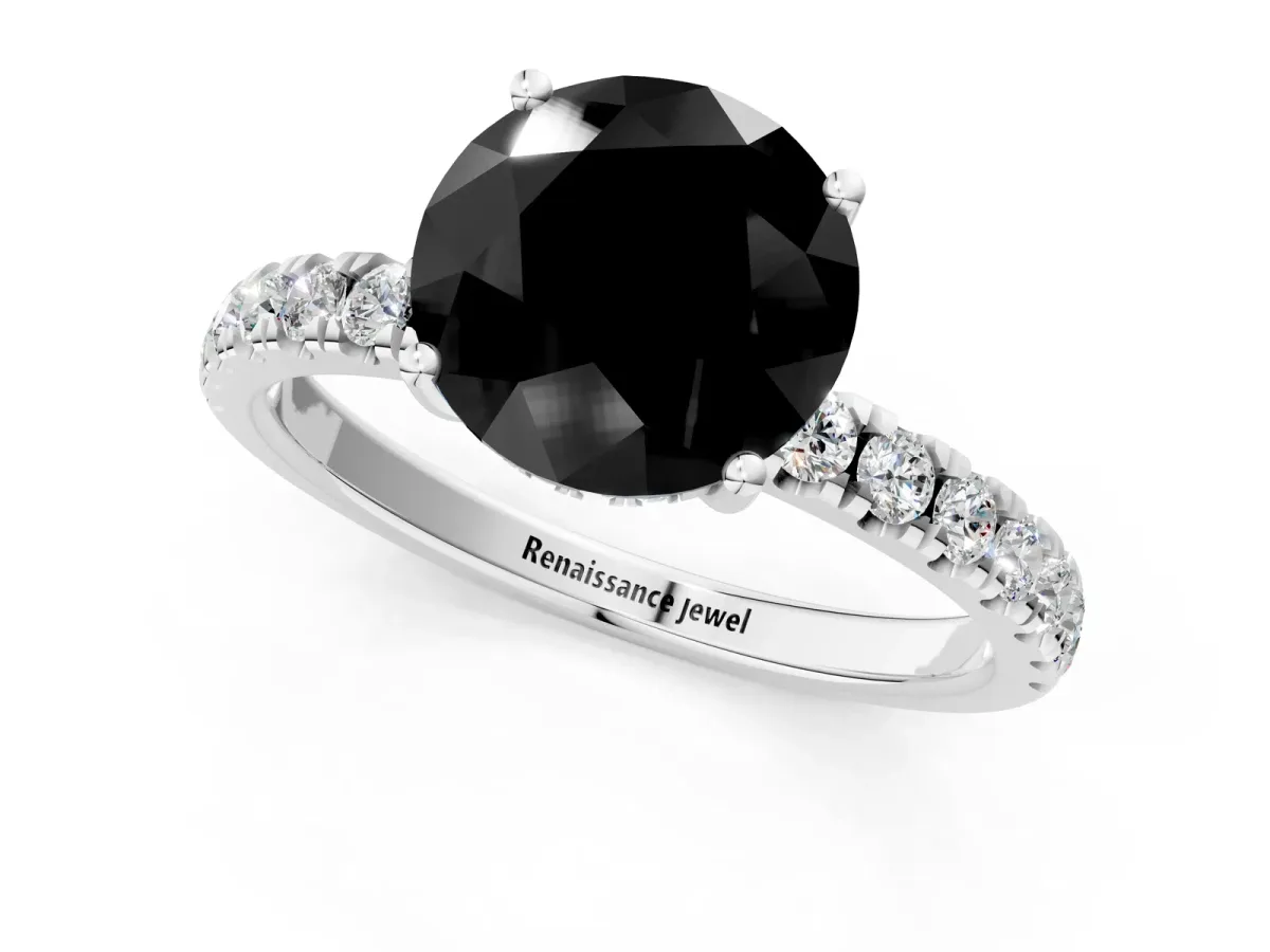 Fancy Black Round Cut Diamond Pave Band Solitaire Ring with Round and Prong Setting Platinum