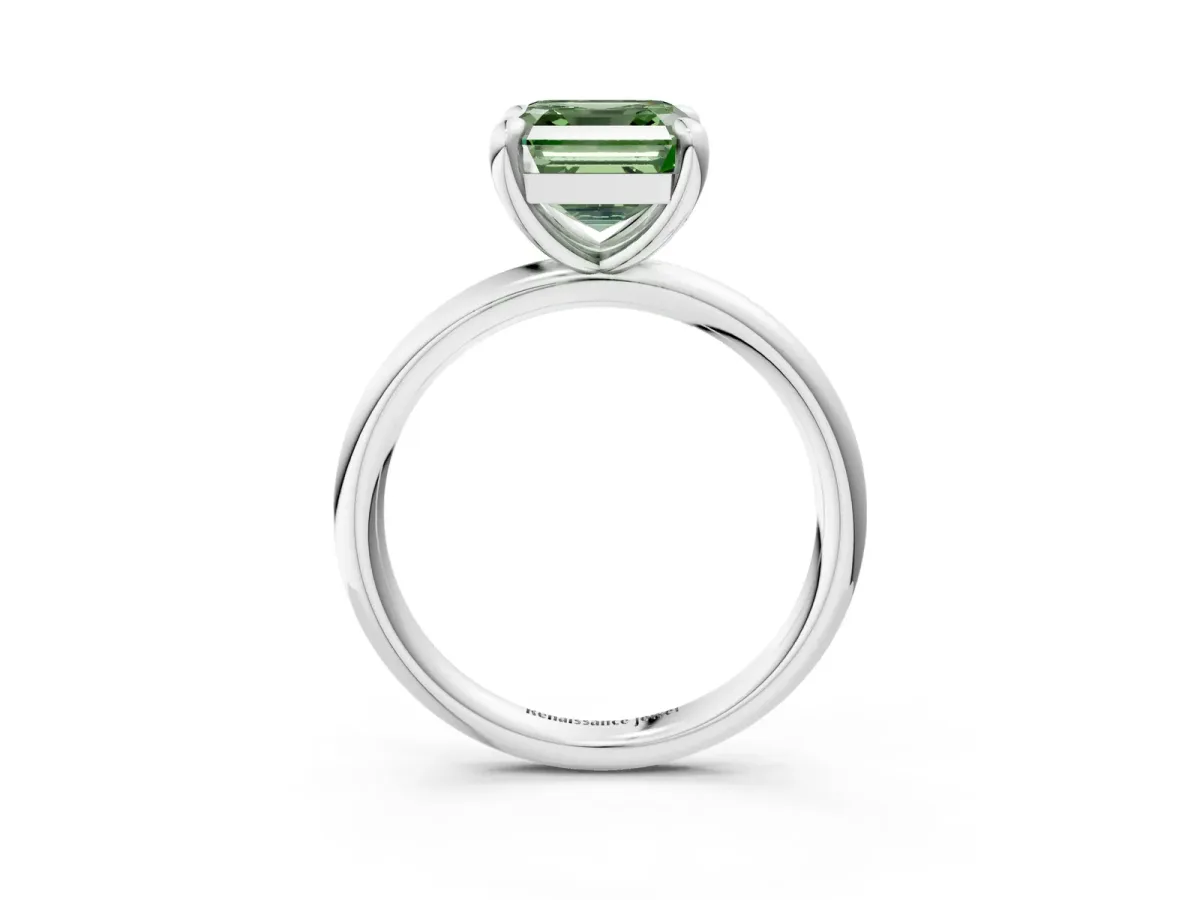 Fancy Green Asscher Cut Solitaire Diamond Ring with Four-Prong Setting on a Plain Band Platinum