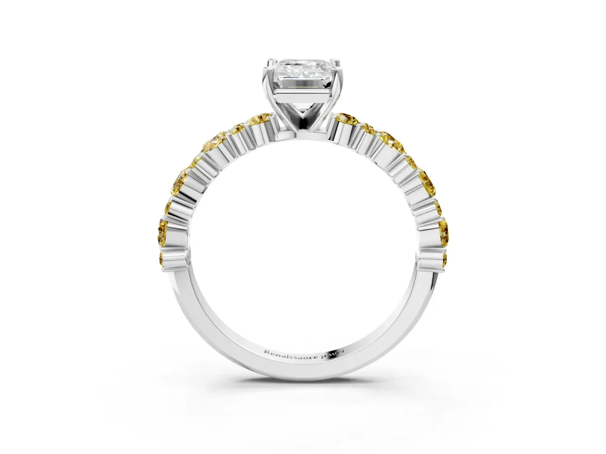 Emerald Cut Diamond Side Stone Solitaire Ring with Round Yellow Sapphire and Four-Prong Setting Platinum