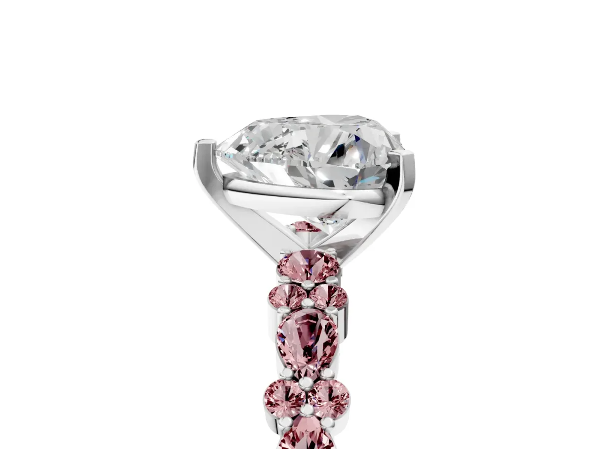 Heart Cut Diamond Side Stone Solitaire Ring with Round Morganite and Four-Prong Setting Platinum