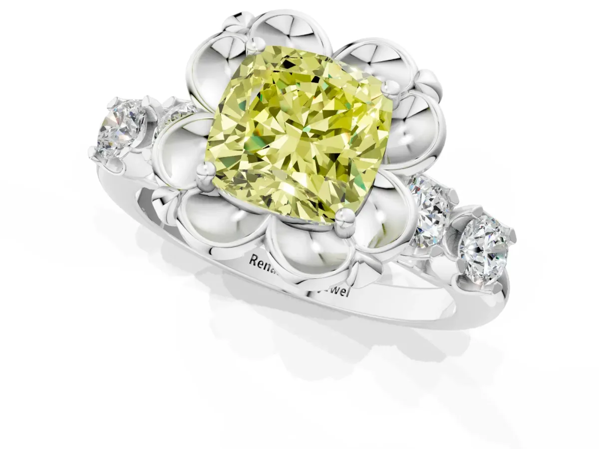 Fancy Yellow Cushion Cut Cut Diamond Floral Halo Engagement Ring with Shared Prong Setting Silver