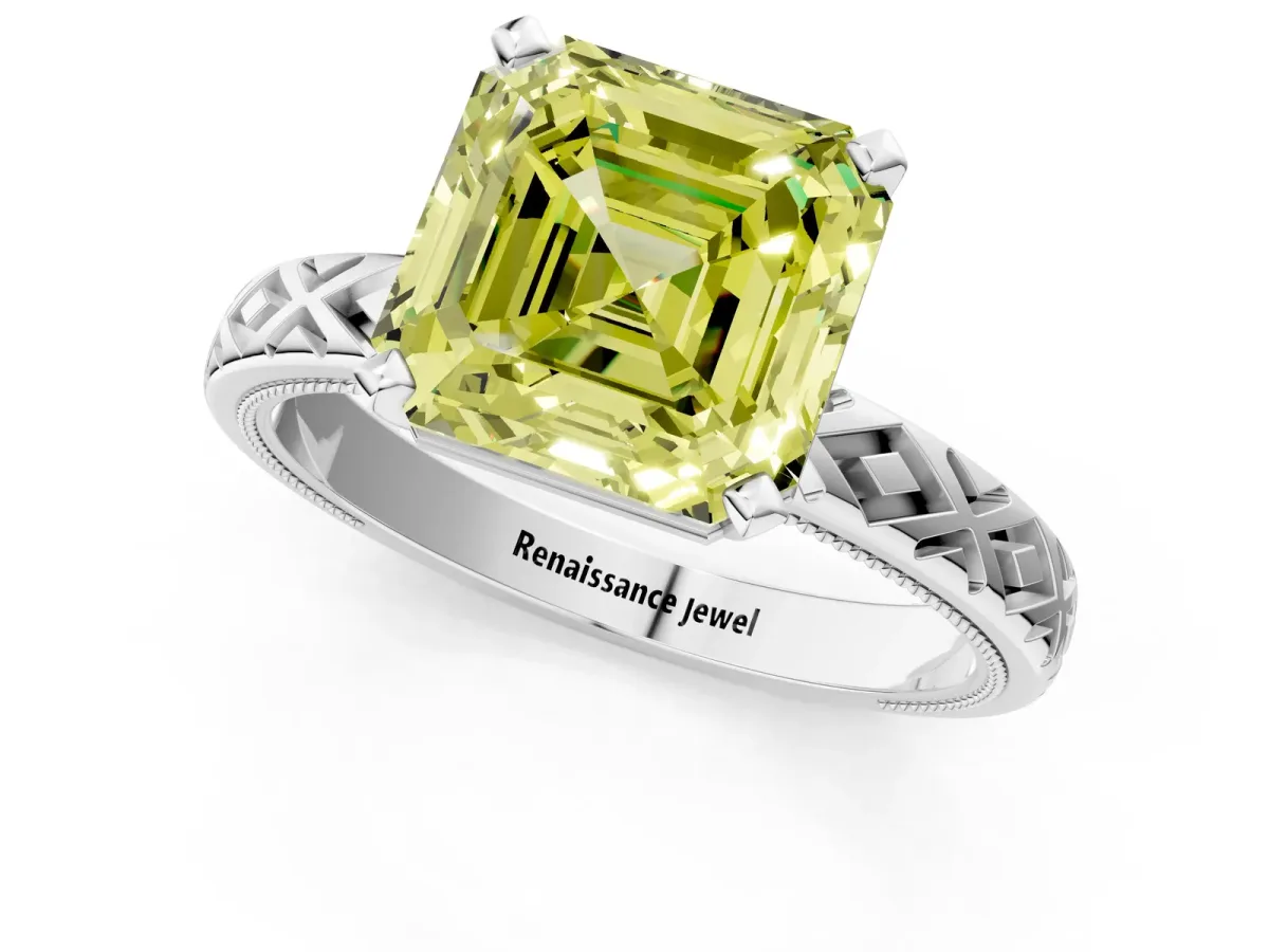 Fancy Yellow Asscher Cut Solitaire Diamond Ring with Milgrain and Black Enamel X Pattern Band Platinum