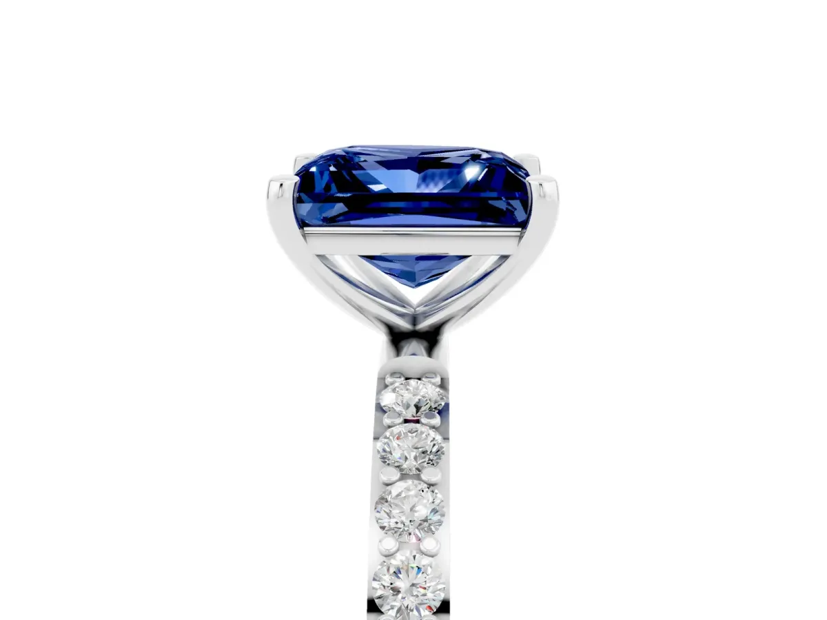 Princess Cut Blue Sapphire Solitaire Ring with Round Pavé Band and Prong Setting Silver