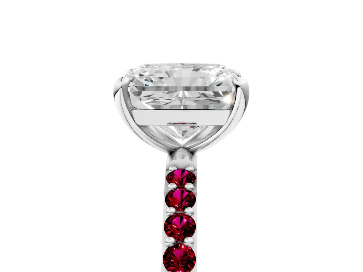 Radiant Cut Diamond Solitaire Ring with Round Garnet Pavé Band and Prong Setting Silver