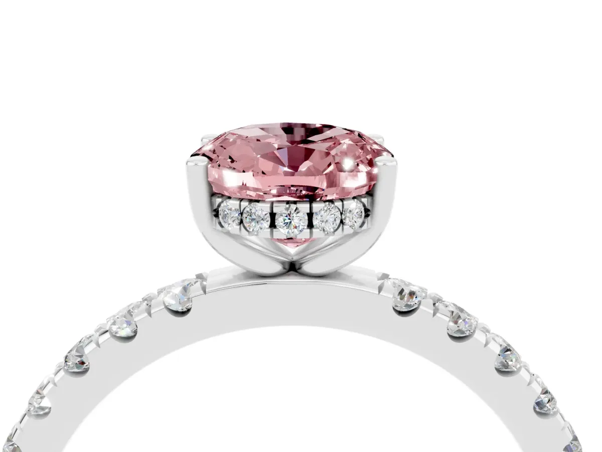 Oval Cut Morganite Pave Band Solitaire Ring with Round and Prong Setting Platinum