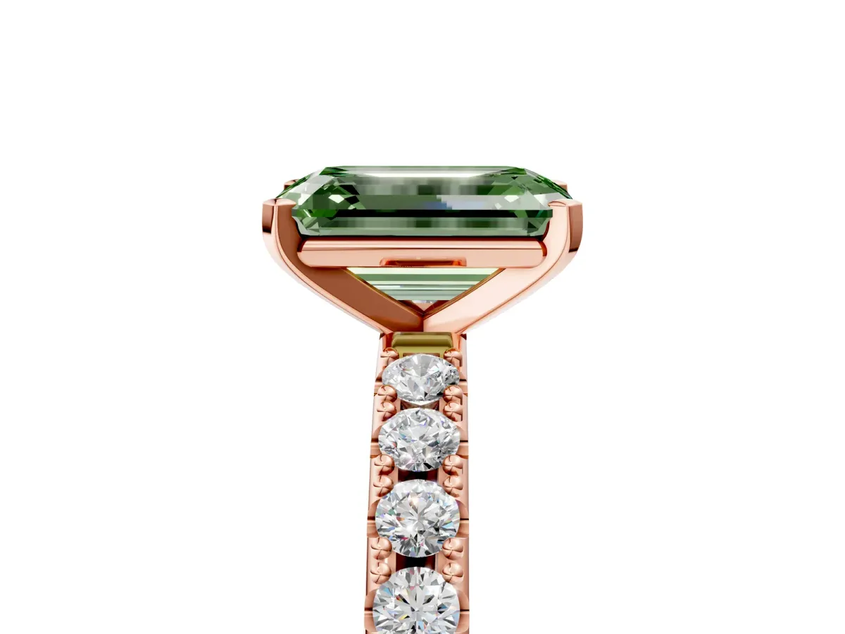 Fancy Green Emerald Cut Diamond Solitaire Pavé Band with Four-Prong Setting Rose gold