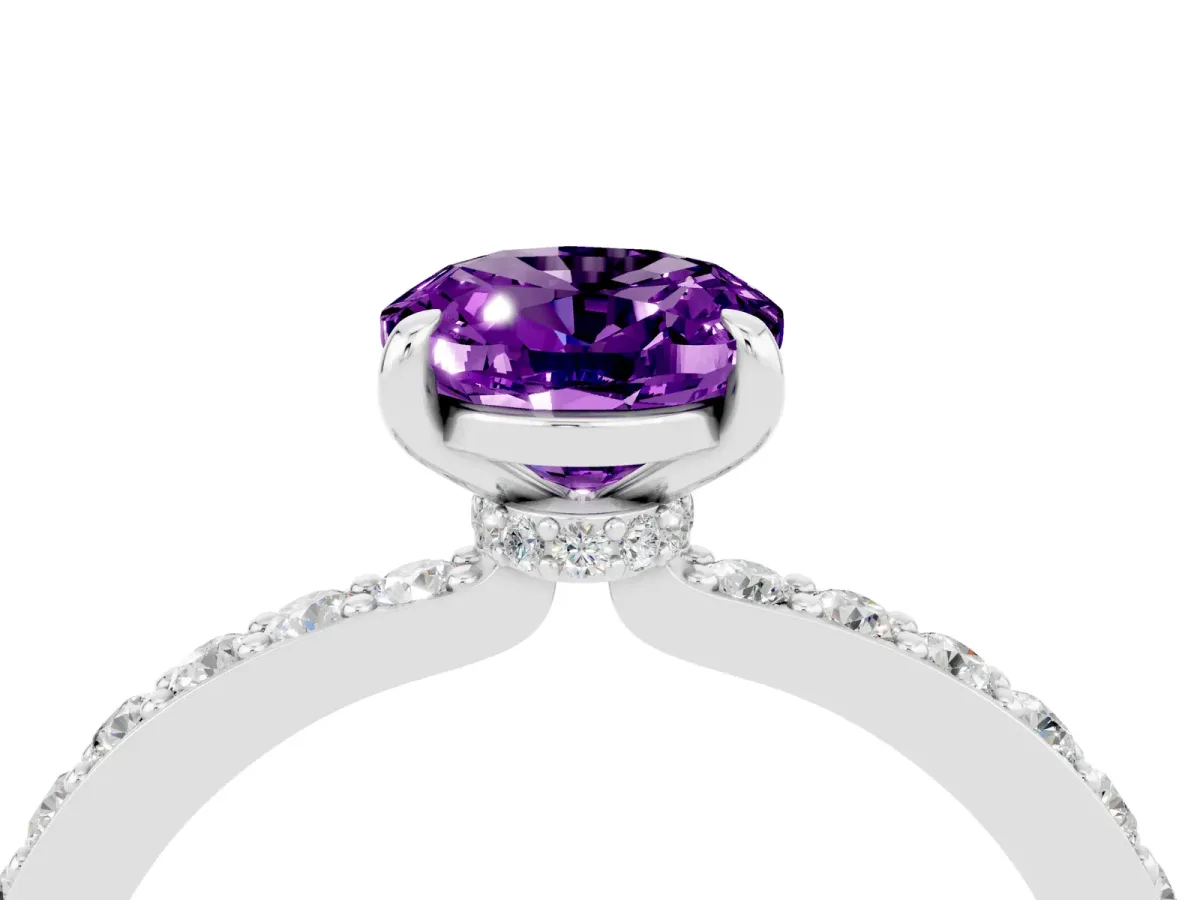 Oval Cut Amethyst Solitaire Engagement Ring with Pavé Band and Four-Prong Setting Silver