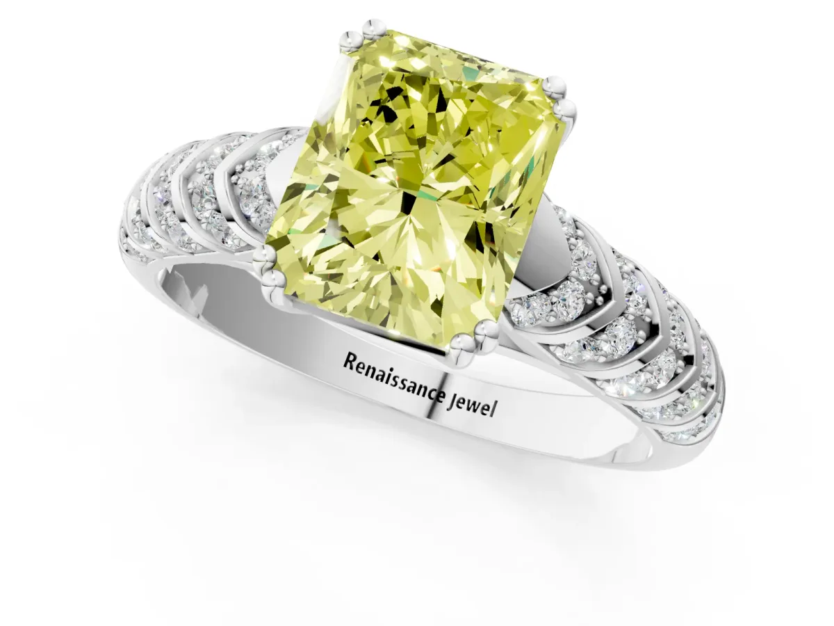 Fancy Yellow Radiant Cut Solitaire Chevron Pave Diamond Engagement Ring with Six-Prong Setting Platinum