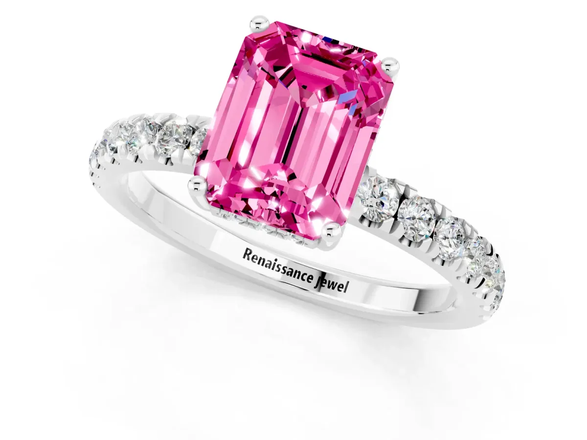 Emerald Cut Pink Sapphire Pave Band Solitaire Ring with Round and Prong Setting Silver