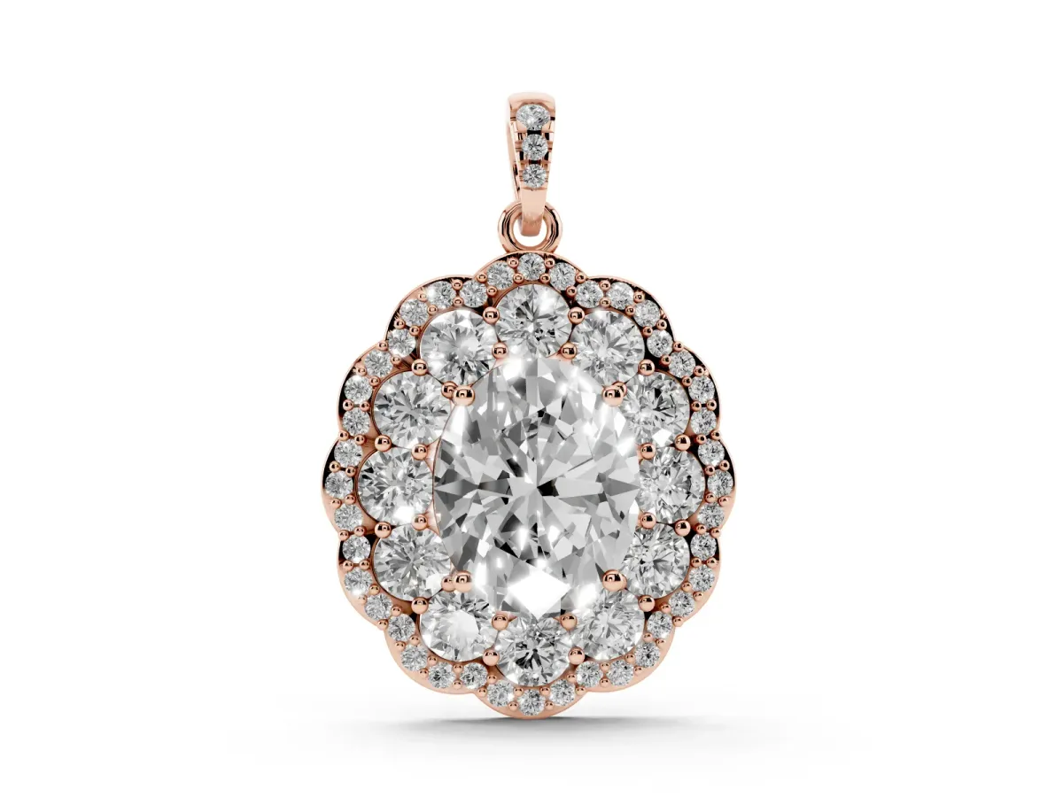 Oval Diamond Floral Halo Pendant with Diamond Accents Rose gold