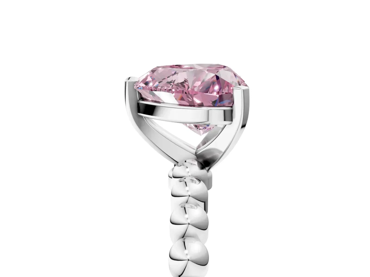 Fancy Pink Heart Cut Diamond Solitaire Ring with Beaded Band and Prong Setting Silver