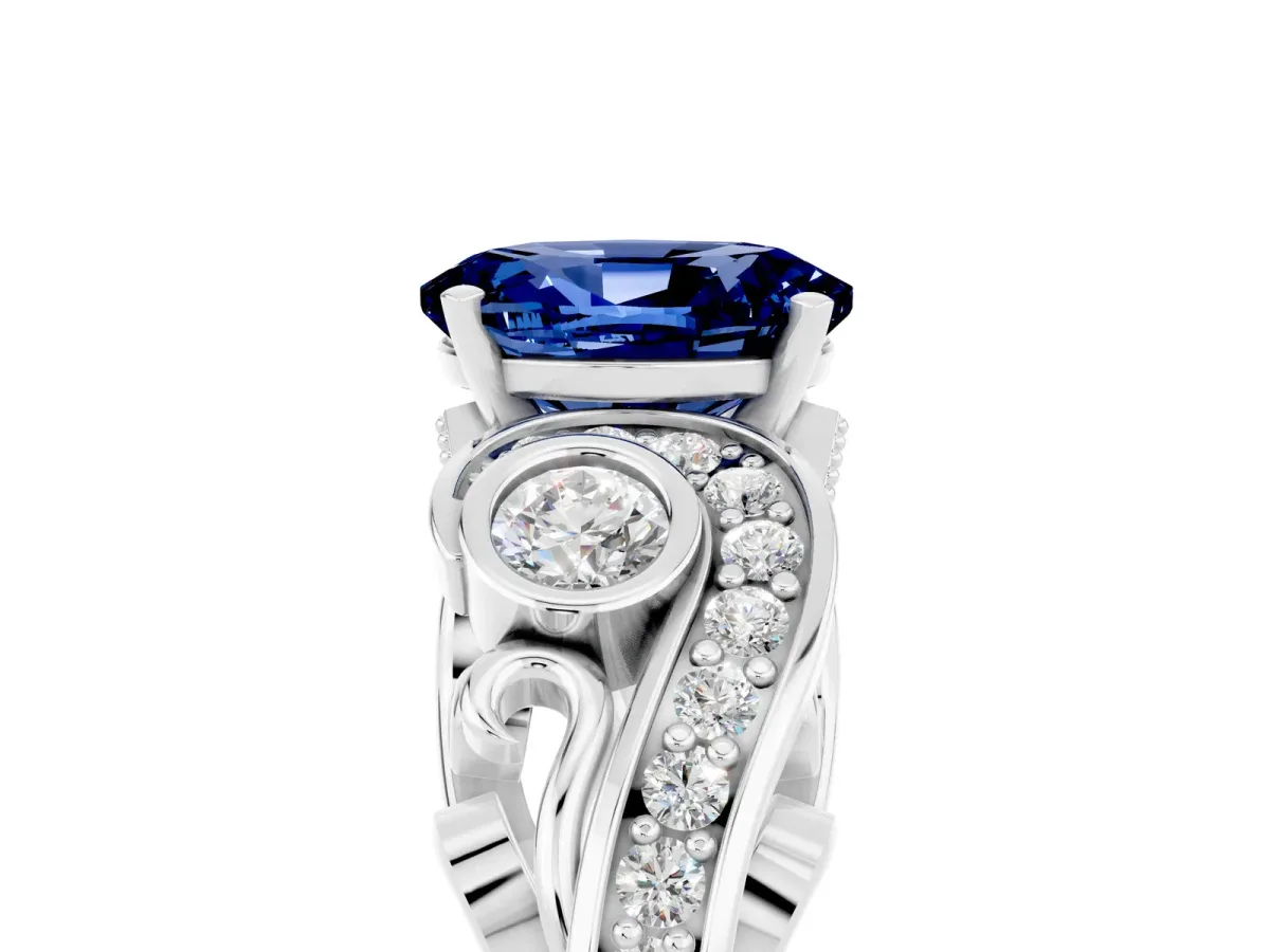 Oval Cut Blue Sapphire Solitaire Ring with Milgrain Pavé Band and Four-Prong Setting Silver
