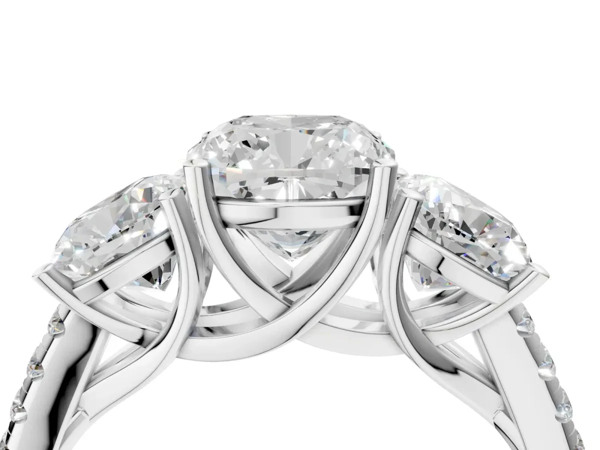 Three-Stone Cushion Cut Diamond Ring with Round Moissanite Pavé Band and Prong Setting Silver