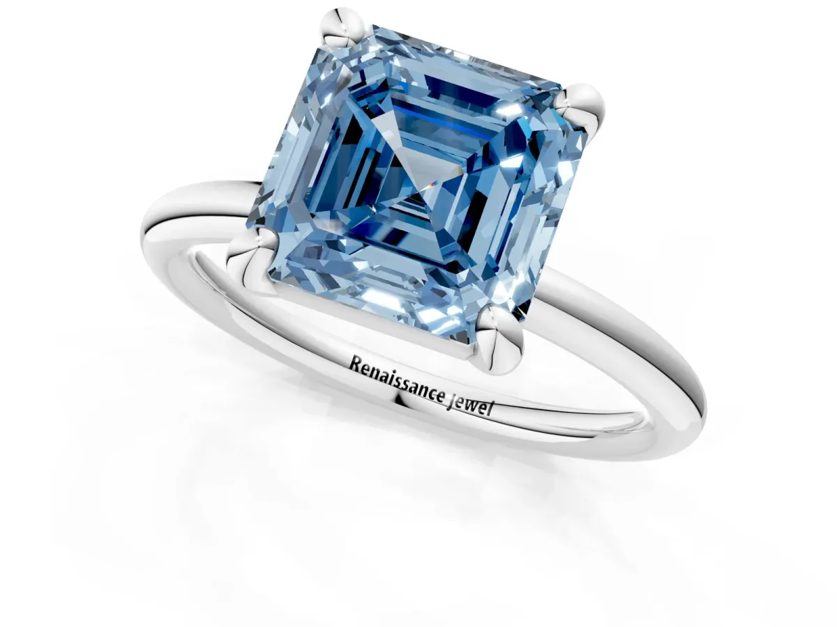 Fancy Blue Asscher Cut Solitaire Diamond Ring with Four-Prong Setting on a Plain Band Platinum