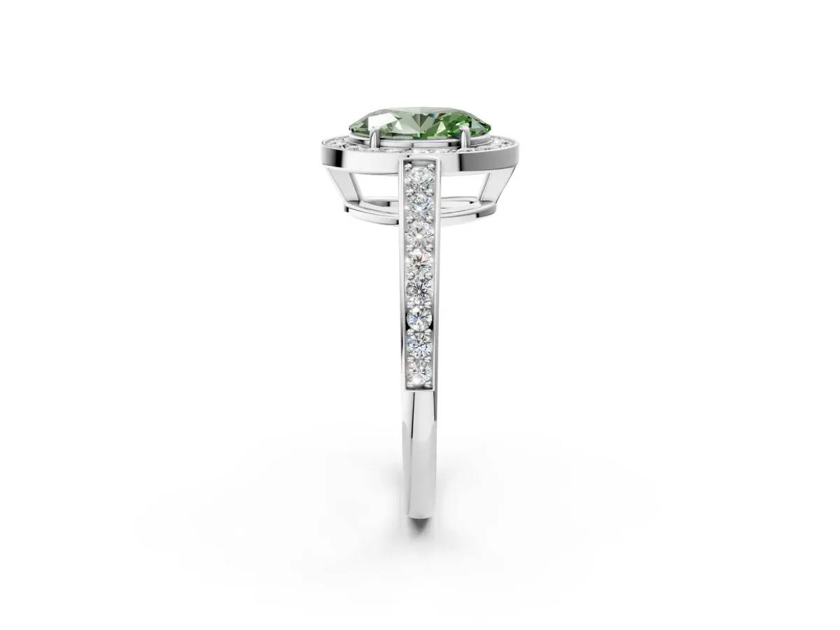 Fancy Green Oval Cut Halo Pavé Diamond Engagement Ring with Bezel Setting Silver