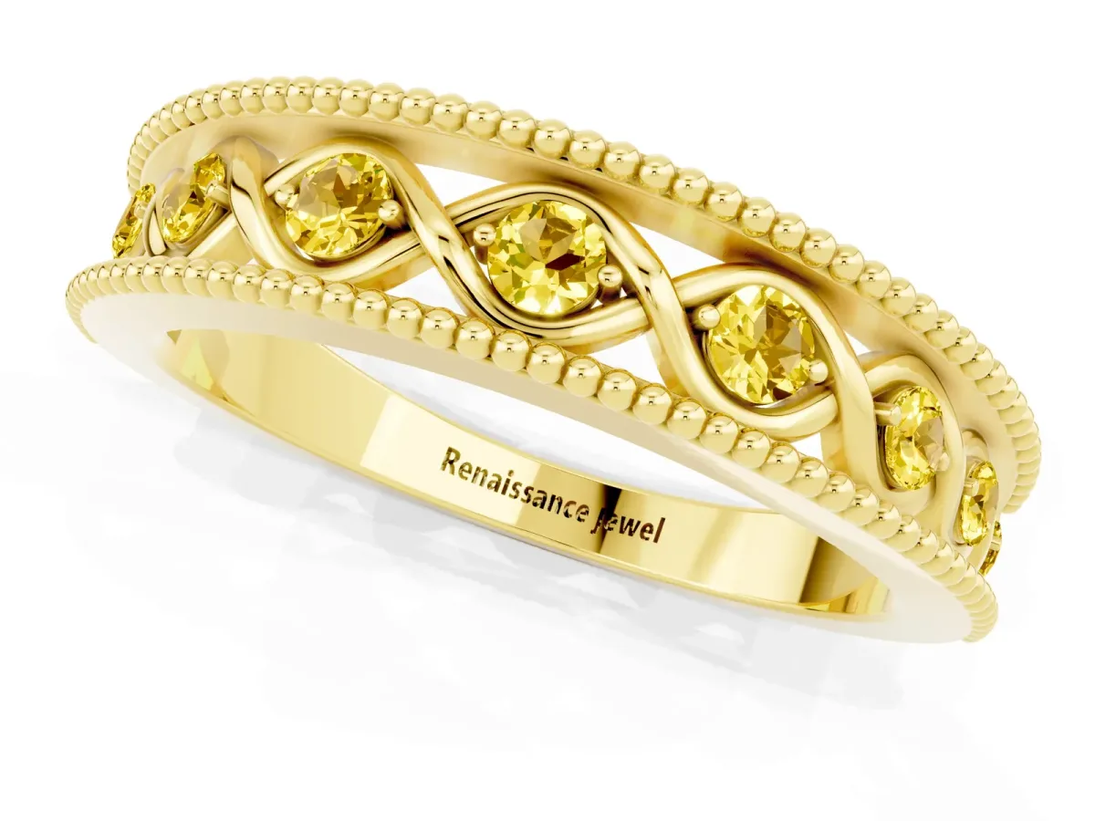 Round Yellow Sapphire Twist Milgrain Band with Bezel Setting Yellow gold