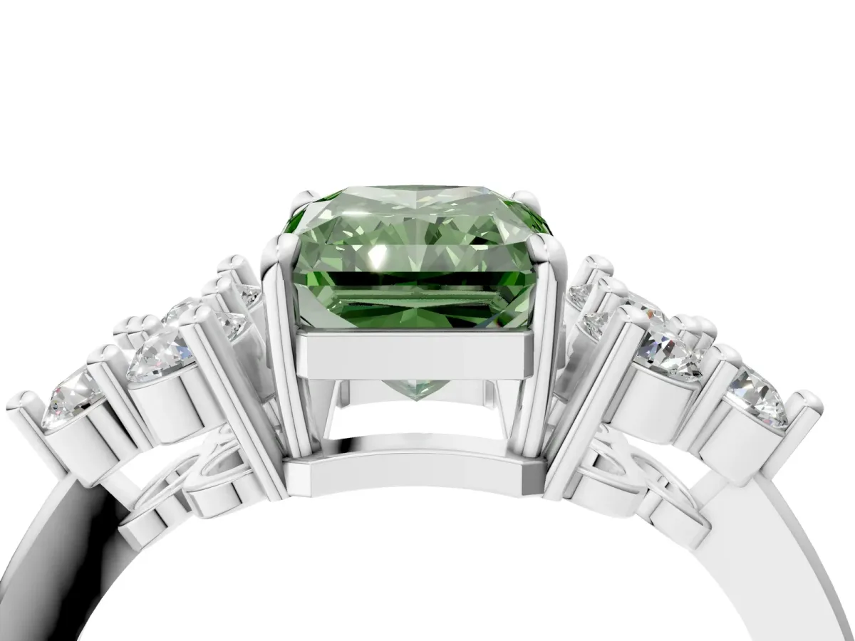 Fancy Green Radiant Cut Brilliant Diamond Cluster Accent Solitaire Ring with Prong Setting Platinum