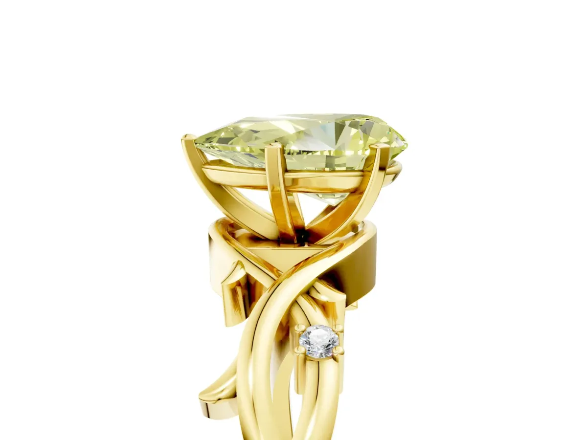 Fancy Yellow Pear Cut Diamond Solitaire Ring with Twisted Band and Prong Setting Yellow gold