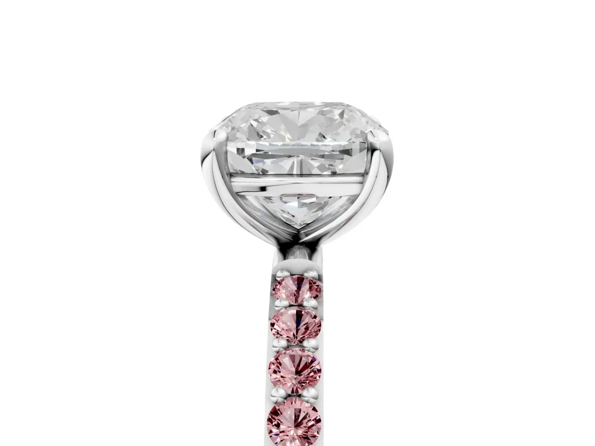 Cushion Cut Diamond Solitaire Ring with Round Morganite Pavé Band and Prong Setting Silver