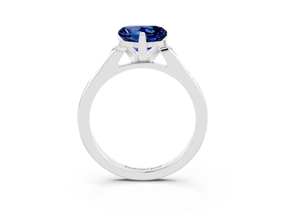 Heart Cut Blue Sapphire Solitaire Ring with Channel Set Round Band and Prong Setting Silver