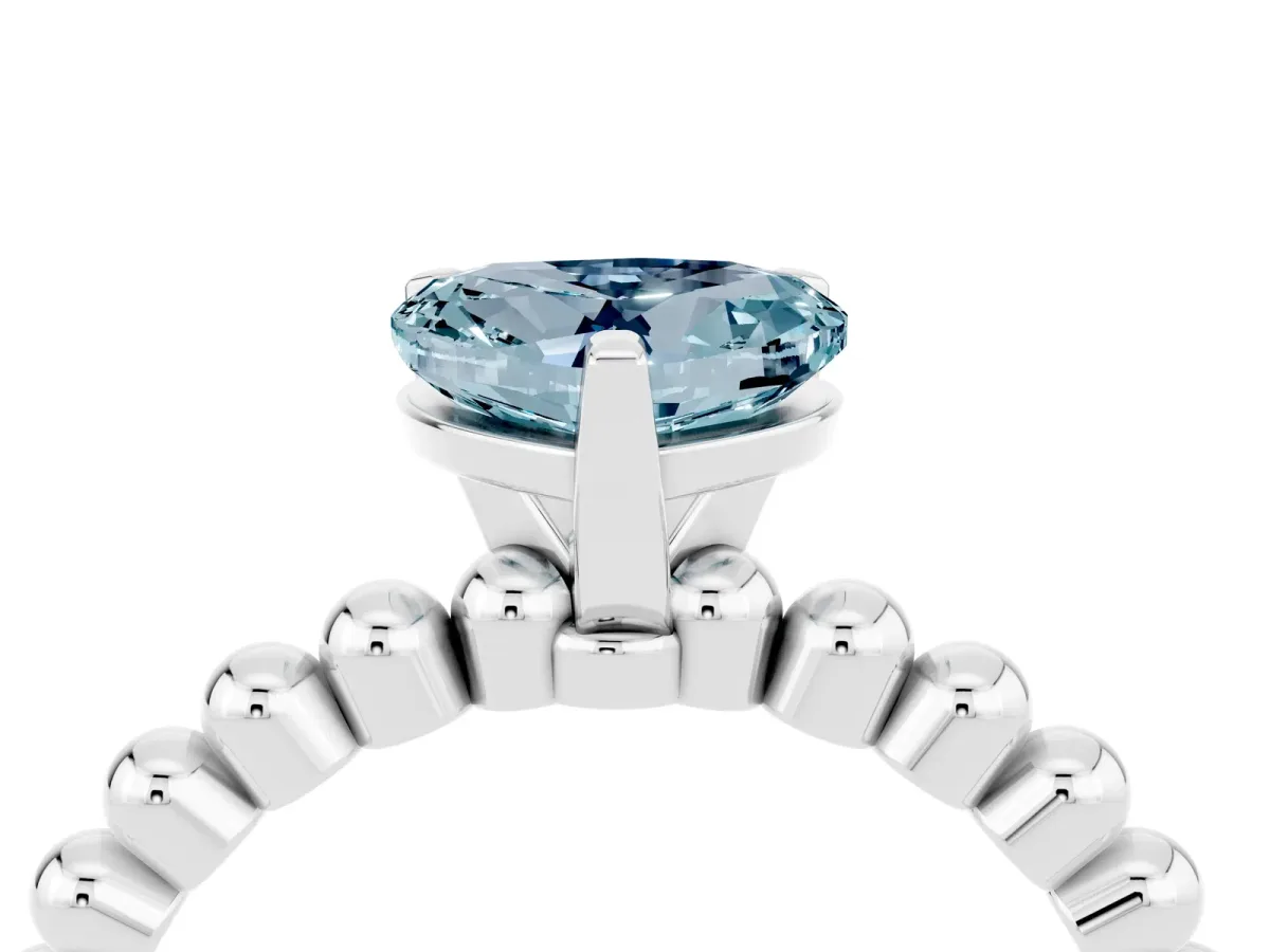 Heart Cut Aquamarine Solitaire Ring with Beaded Band and Prong Setting Silver